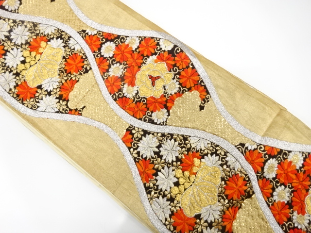 JAPANESE KIMONO / ANTIQUE FUKURO OBI / SILK / KIKU